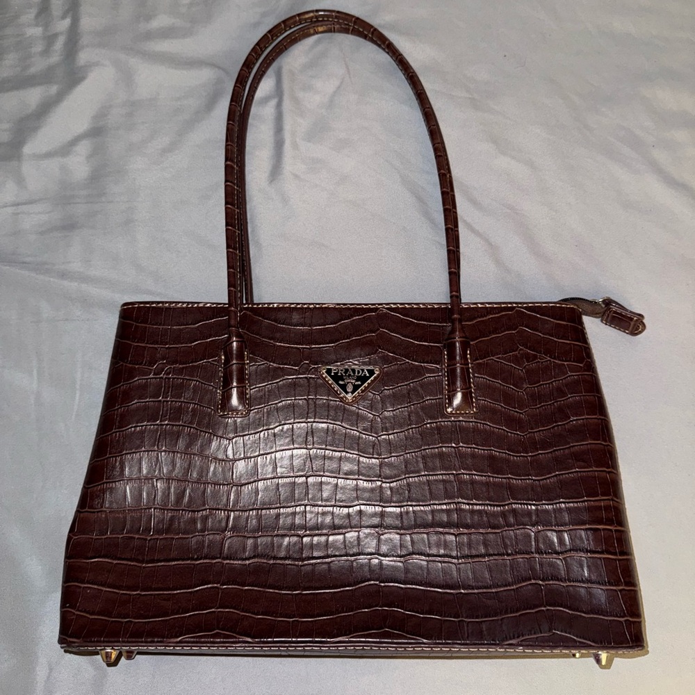 Prada Dark Brown Crocodile Embossed Shoulder Bag